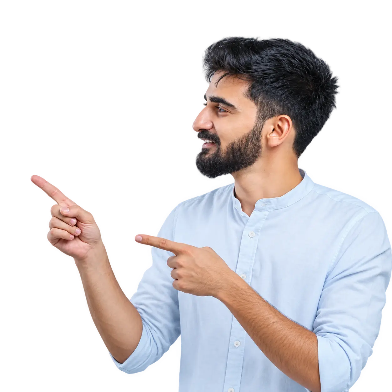 Smiling man pointing towards the call to action